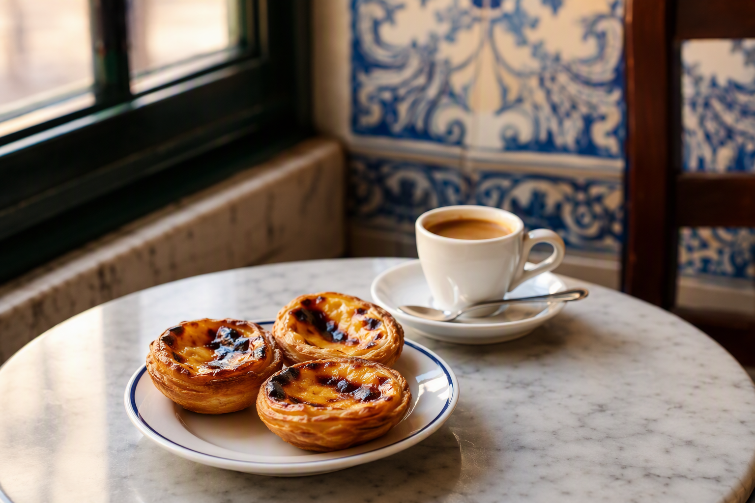 Pastéis de nata com café numa mesa de marmore, luz suave da manhã