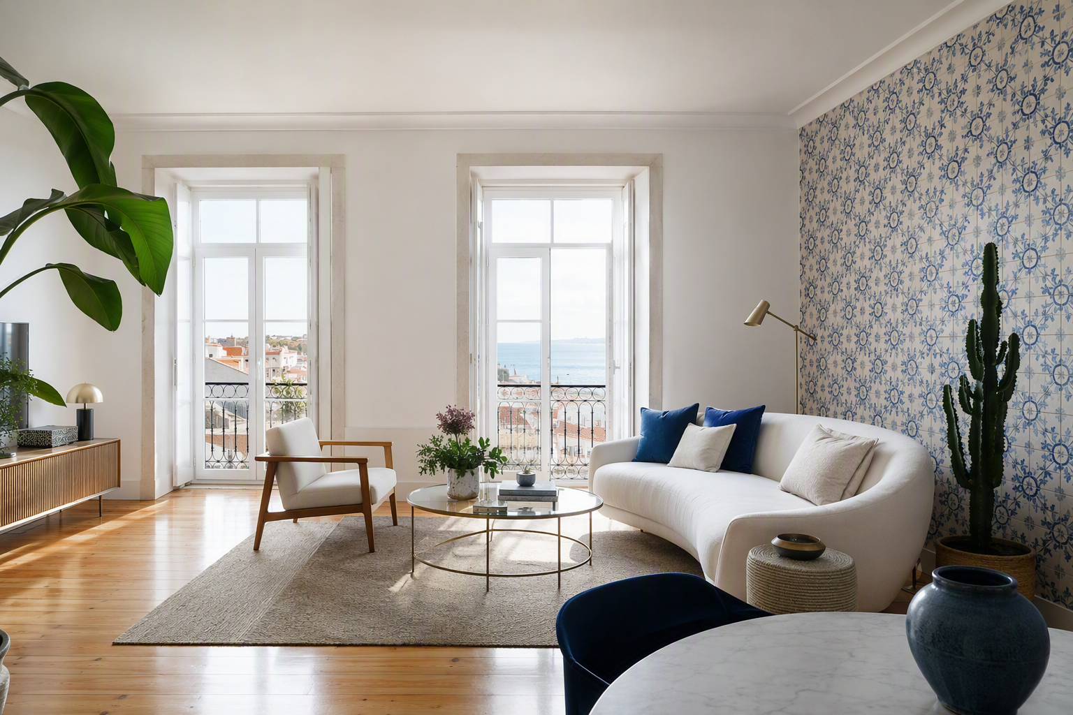 Sala de apartamento moderno e luminoso com parede de azulejos azuis