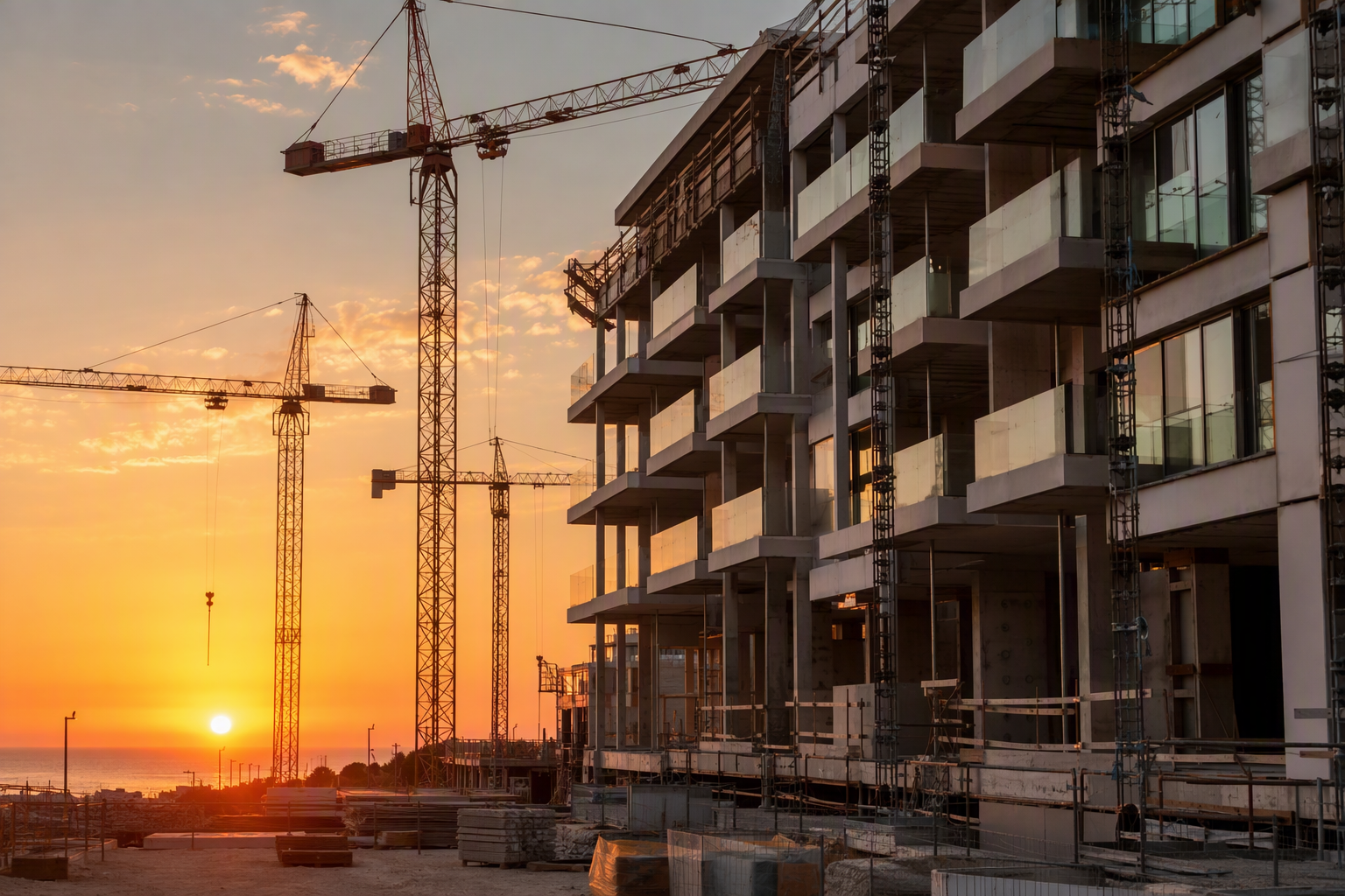 Estaleiro de construção residencial moderna ao pôr do sol