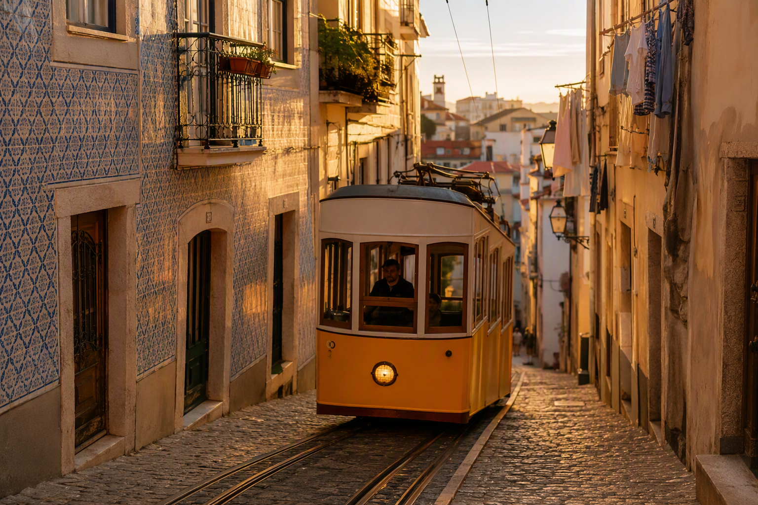 Eléctrico amarelo a subir rua estreita de Alfama, Lisboa