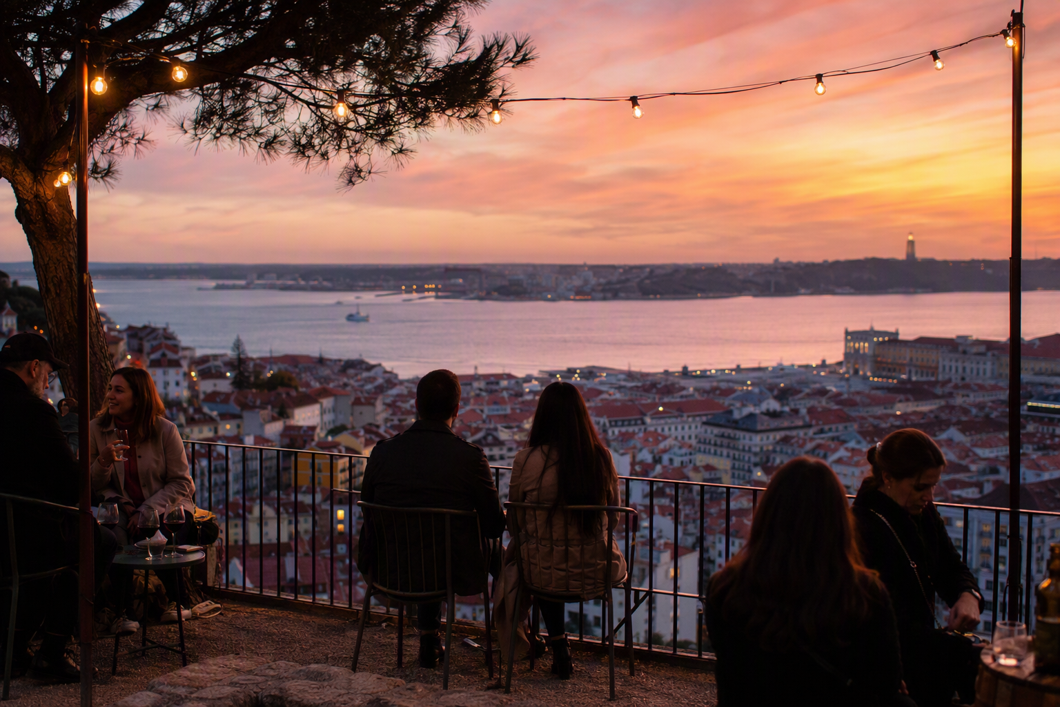 Pessoas num miradouro de Lisboa ao anoitecer, sobre os telhados da cidade
